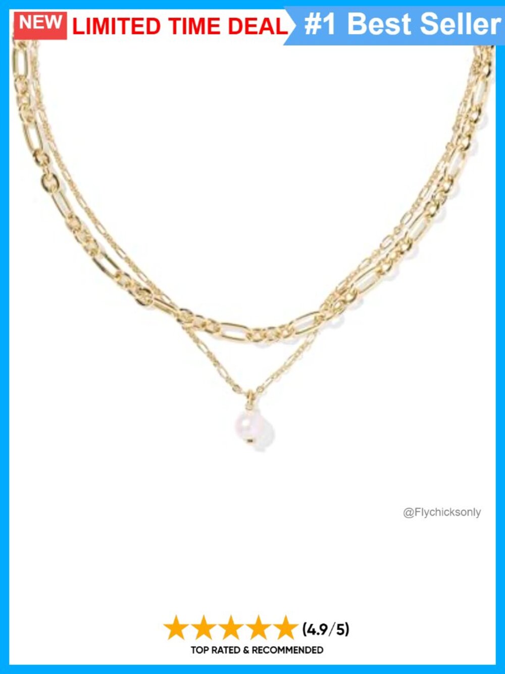 Multi Strand Necklace with Figaro Chains & Freshwater Pearl, Lobster Clasp, 16"